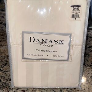 NWT - Damask Stripe Two King Pillowcases - Ivory